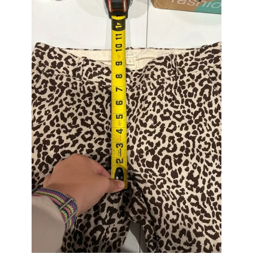 J Crew Womens 0 Pants Cafe Capri Leopard Animal Print 100% Linen Neutral